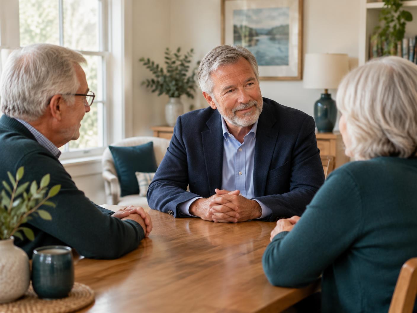 An advisor listening to an older couple during a conversation at home